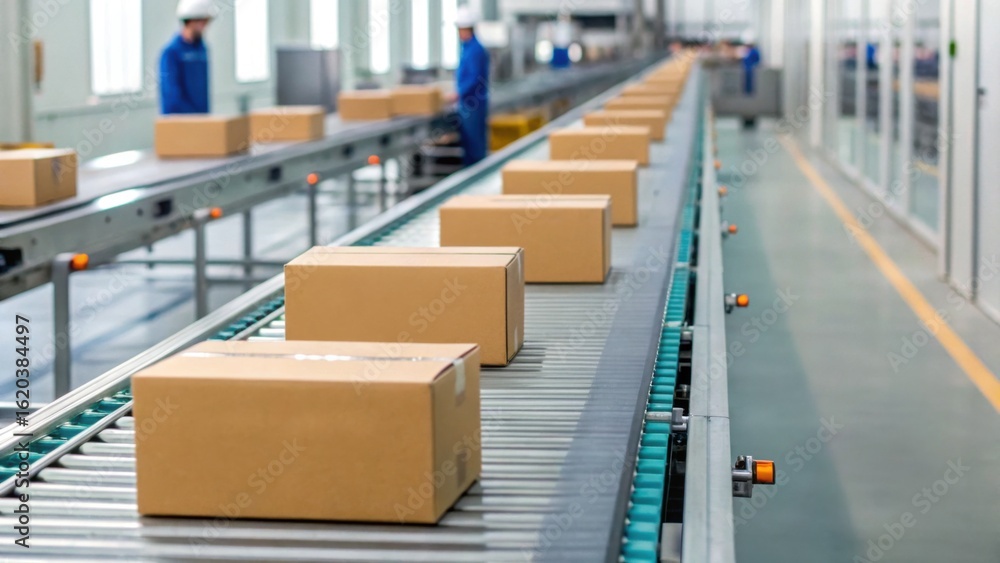 Poster a streamlined conveyor belt processes packages in a modern warehouse, showcasing efficient logistics