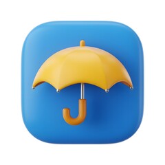 Yellow 3D Umbrella Icon with Curved Handle on Rounded Blue Square Background