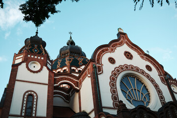 The Subotica Synagogue in Serbia, a stunning example of Art Nouveau architecture, illuminated in...