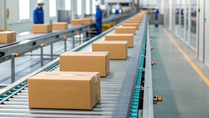 Fototapeta premium A streamlined conveyor belt processes packages in a modern warehouse, showcasing efficient logistics and automated systems in action.