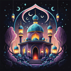 illustrations vector icon collection of Ramadan Islamic symbols items and a mosque.
