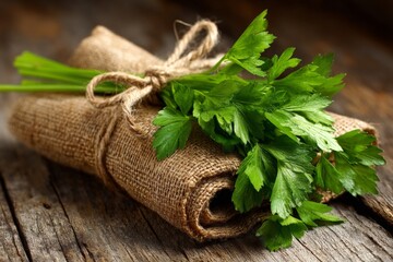 Freshly harvested parsley bundled in burlap on an aged wooden table