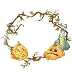 hand drawn pumpkins  with carved faces in twisted branches wreath watercolor illustration for Halloween designs, party invites, seasonal decor, spooky frames, cards, wall art. Transparent background