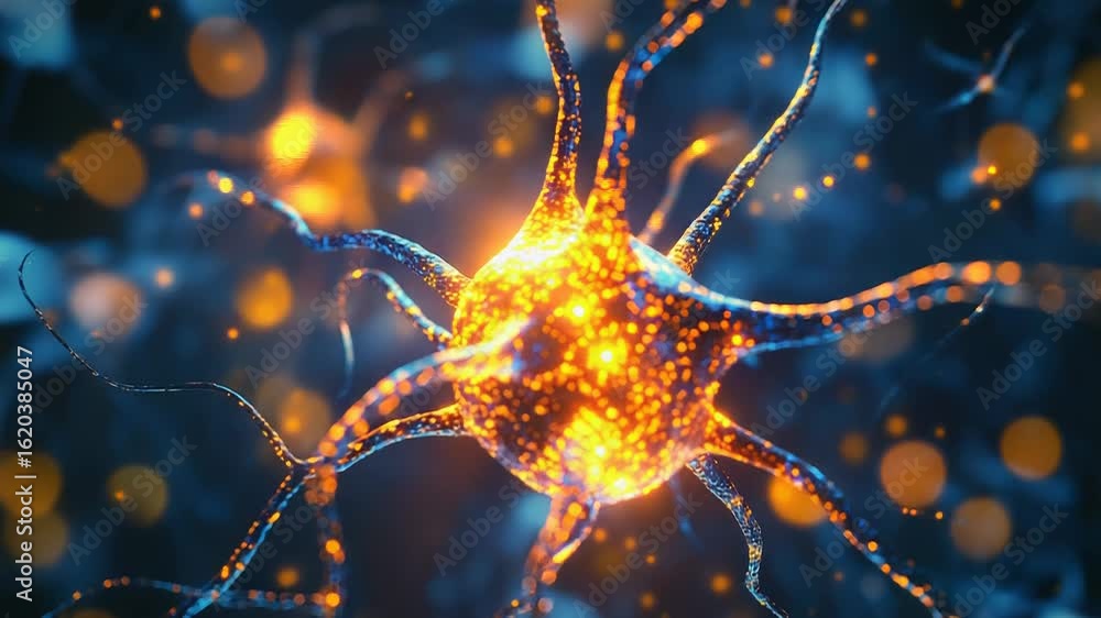 Poster glowing neuron sending signals in the brain, neural network communicating
