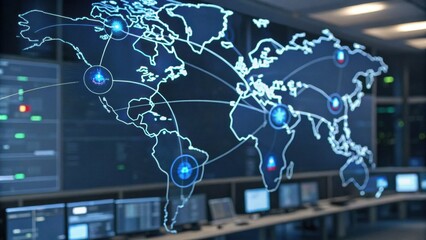 A digital display showing a world map with interconnected nodes, highlighting global data connections in a high-tech environment.