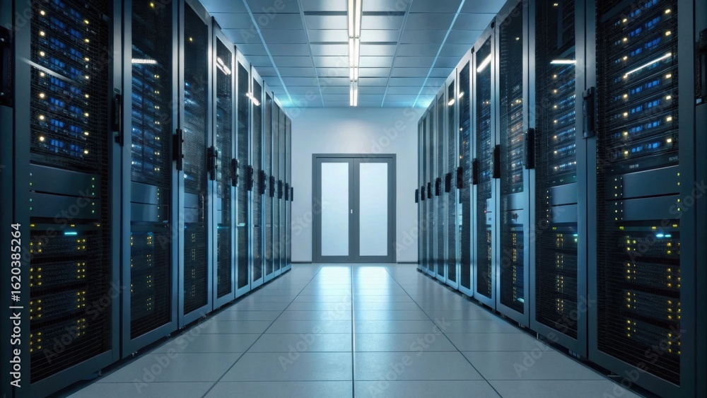 Poster a modern server room featuring rows of server racks, illuminated by overhead lights, leading to a se