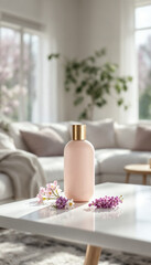 Minimal pastel flower-scented room spray with spring flowers on white table.
