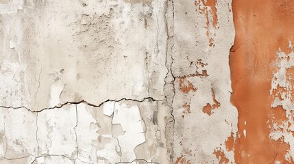 Fototapeta premium Close-up of a crack in an outdoor travertine wall, highlighting texture and color contrast with nearby concrete flooring, adding character, visual interest, and depth to architectural details.