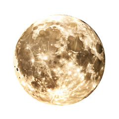 Close up of a bright golden full moon glowing against dark space with craters and detailed surface