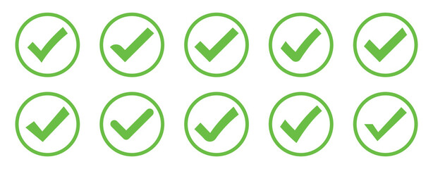Vector of Green check mark, isolated tick symbols, checklist signs, and an approval badge. Flat and modern checkmark design, vector illustration.