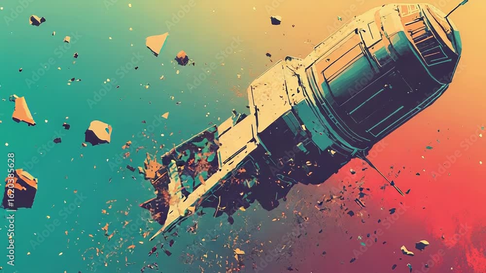 Poster spaceship exploding while traveling through space debris