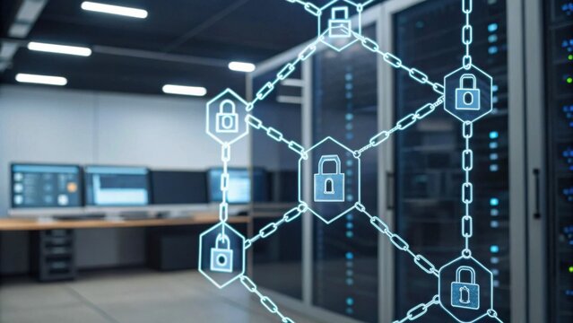A secure server room featuring digital locks and chain links, representing cybersecurity and data protection technologies.