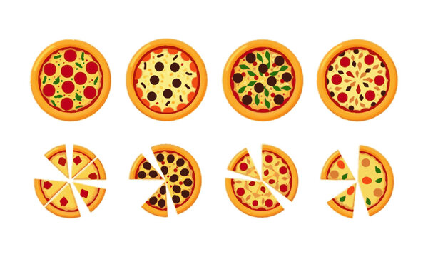 Scalable modern vector illustration of a horizontal layout featuring a variety of pizzas, pepperoni, mushrooms, green peppers, red onions, black olives, sausage, sweet corn, tomatoes, easily editable.
