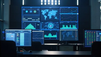A modern data analytics room featuring multiple screens displaying graphs, charts, and global data visualizations.