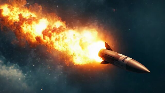 Ballistic missile launching, creating fire and smoke trail