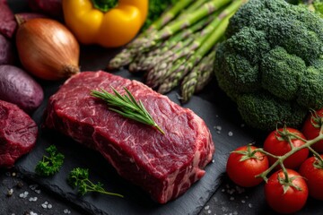 Fresh ingredients for a hearty meal featuring meat and colorful vegetables at a kitchen counter
