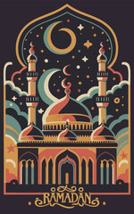 illustrations vector icon collection of Ramadan Islamic symbols items and a mosque.
