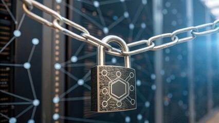 A digital padlock secured by a chain, symbolizing cybersecurity and data protection against threats in a server environment.