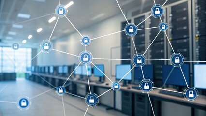 A modern server room with connected devices displaying security icons, illustrating a networked environment focused on cybersecurity and data protection.