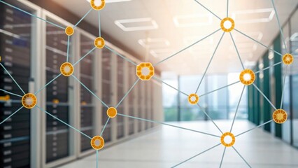 A modern data center with interconnected nodes symbolizing network connectivity and technology in a bright, spacious environment.