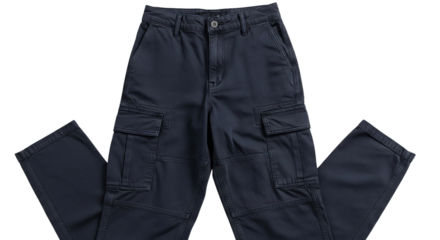 Pair of dark blue cargo pants isolated PNG with Transparent Background