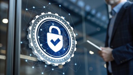 A modern digital security symbol displayed on a glass surface, representing cybersecurity and protection, with a person holding a device nearby.