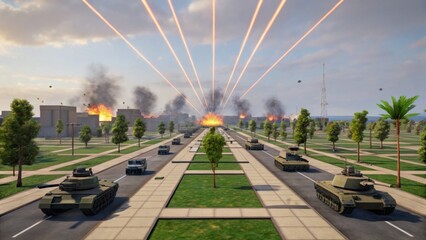 A digital scene depicting military tanks on a street amid explosions and smoke, showcasing a dynamic and intense combat environment.