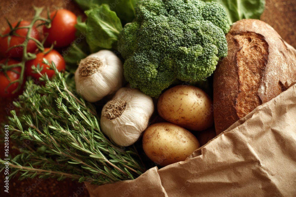 Poster fresh vegetables and bread arranged in a rustic setting ready for a healthy meal preparation