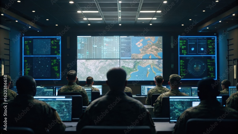 Poster military personnel monitor high-tech displays in a command center, analyzing data and visuals for st