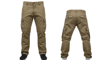Khaki cargo pants shown from front and back isolated PNG with Transparent Background