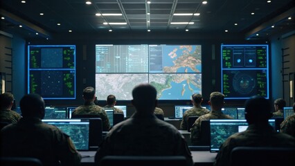 Military personnel monitor high-tech displays in a command center, analyzing data and visuals for strategic operations.