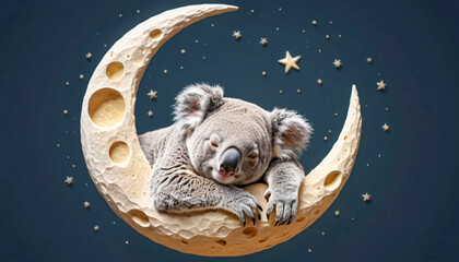 A koala sleeping on a moon crescent, soft texture, minimalist emoji style