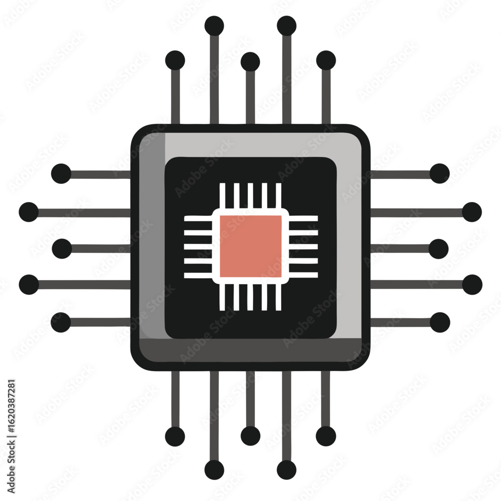 Poster stylized microchip processor with pins and circuitry isolated on white background silhouette