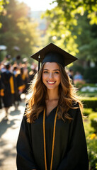 Joyful American graduate in black gown smiling amid lush campus garden.
