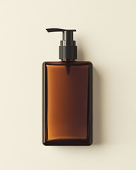 Amber glass pump bottle on beige background for skin care