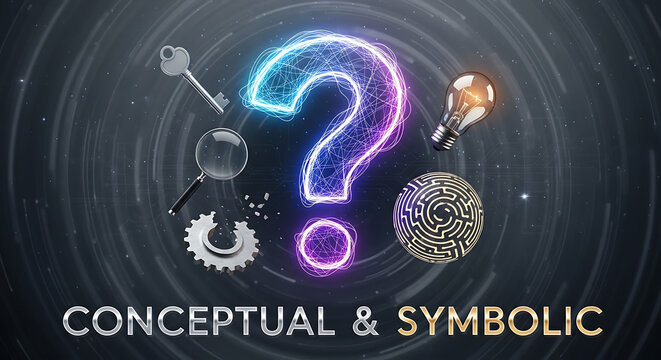 A glowing question mark surrounded by a key, magnifying glass, gear, light bulb, and fingerprint on a dark, swirling background, representing conceptual thinking. - Powered by Adobe