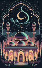 illustrations vector icon collection of Ramadan Islamic symbols items and a mosque.
