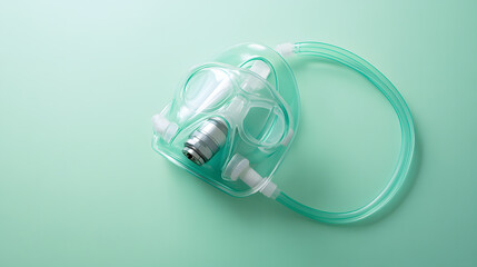 Oxygen mask with tubing, medical device for respiratory support, isolated on light green background, healthcare concept