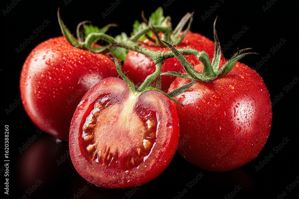 Poster fresh red tomatoes with droplets showcasing their vibrant color and texture in a dark setting