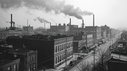 Historical black-and-white factory background from the early 20th century.