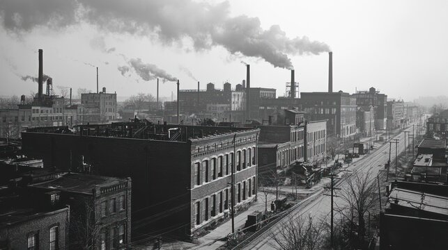 Historical black-and-white factory background from the early 20th century.