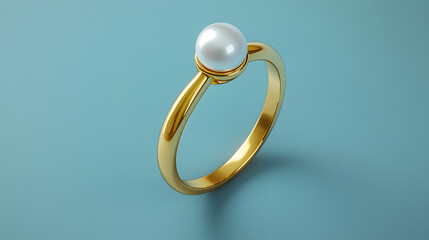 Gold ring with white pearl on soft blue background, elegant and minimal jewelry design for luxury fashion and romantic occasions