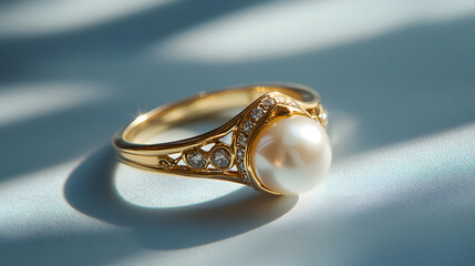 Gold ring with pearl and diamond accent, elegant jewelry on soft blue background, luxury and sophistication shine