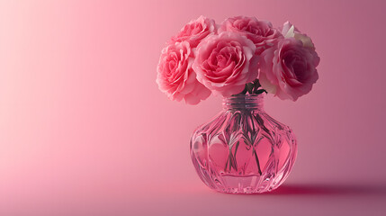 Pink rose bouquet in elegant glass perfume bottle, romantic floral arrangement on pastel background, soft and delicate mood