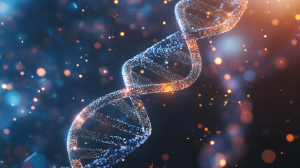 Glowing DNA strand with sparkling particles, blue and orange bokeh, genetic science, futuristic and vibrant background