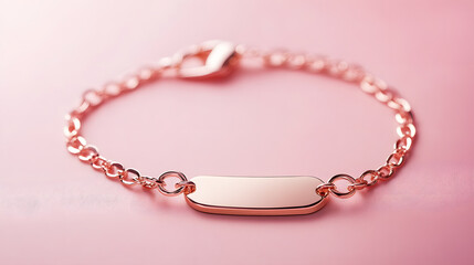Rose gold personalized nameplate bracelet with delicate chain, elegant minimalist jewelry on pink background, romantic and stylish