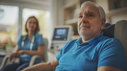 Senior man receiving physical therapy in clinic, smiling and relaxed, with female therapist and medical equipment in background