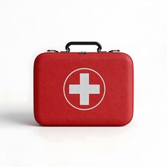 Obraz premium Compact red first aid kit with white swiss cross symbol on a clean white background