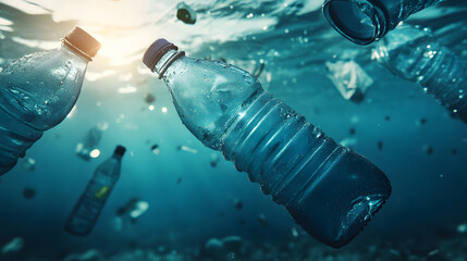 Plastic bottle waste polluting natural water stream, environmental pollution, underwater, blue, plastic debris, sunlight