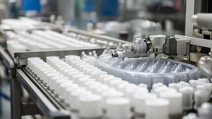 Plastic bottle production line, automated machinery, white container, factory interior, industrial process, clean environment